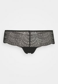 Black lace underwear featuring a wavy pattern and scalloped edges, with a smooth front and a delicate, see-through texture.