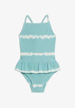 Lichtblauwe zwemkleding met een peplumdetail, vervaardigd uit een gestructureerde stof met witte tie-dye strepen. Verstelbare bandjes verbeteren de pasvorm.