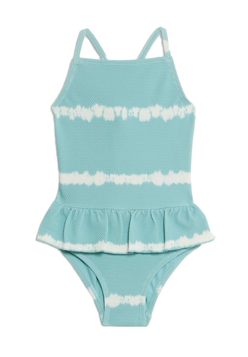 Lichtblauwe zwemkleding met een peplumdetail, vervaardigd uit een gestructureerde stof met witte tie-dye strepen. Verstelbare bandjes verbeteren de pasvorm.