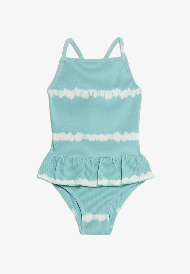 Bañador azul claro con detalle de peplum, que presenta una tela texturizada y rayas de tie-dye blancas. Los tirantes ajustables mejoran el ajuste.