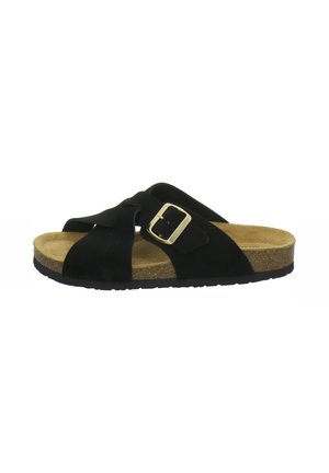 Black slip-on sandal with crossed straps, gold buckle, cork footbed, and textured black sole for casual wear.