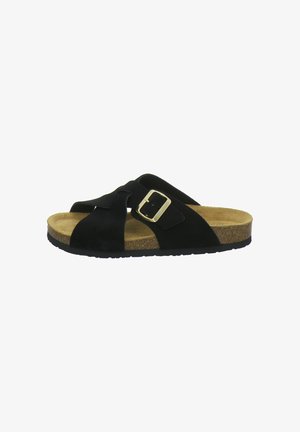 Black slip-on sandal with crossed straps, gold buckle, cork footbed, and textured black sole for casual wear.