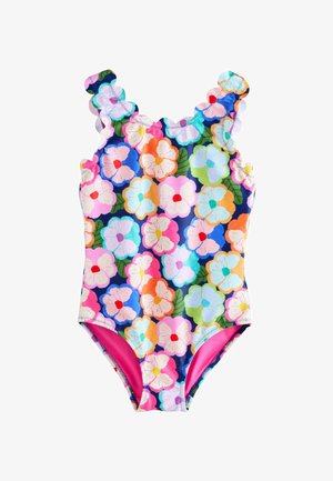 Detské jednodielne plavky s farebnými veľkými kvetinovými vzormi a vlnkovanými ramienkami na tmavomodrom pozadí.