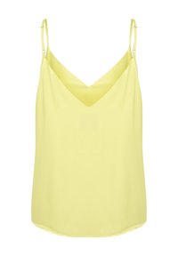 Camisola in satin gialla con scollatura a V, spalline sottili e regolabili, e vestibilità ampia. Tessuto morbido e orlo leggermente arrotondato.