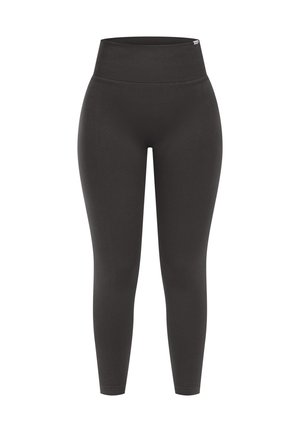 Zwarte high-waisted leggings van rekbaar materiaal, met een gladde textuur en een aansluitend ontwerp, geschikt voor sportkleding.