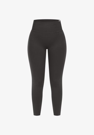 Zwarte high-waisted leggings van rekbaar materiaal, met een gladde textuur en een aansluitend ontwerp, geschikt voor sportkleding.