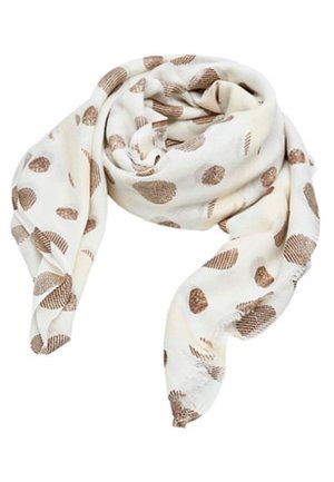 Cream scarf with irregular brown polka dots, loosely folded with soft, lightweight fabric and frayed edges.