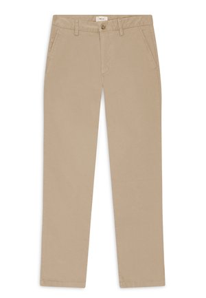 Pantalons en coton beige avec une coupe droite, deux poches latérales et une poche arrière. Texture lisse et lignes épurées.