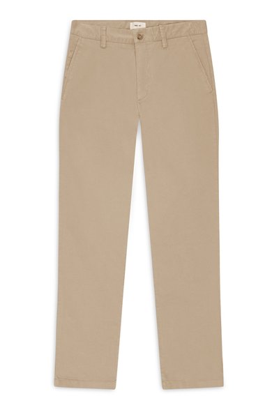 Beige puuvillachino-housut suoralinjaisella muotoilulla, kahdella sivutaskulla ja yhdellä takataskulla. Sileä pinta ja siistit viivat.