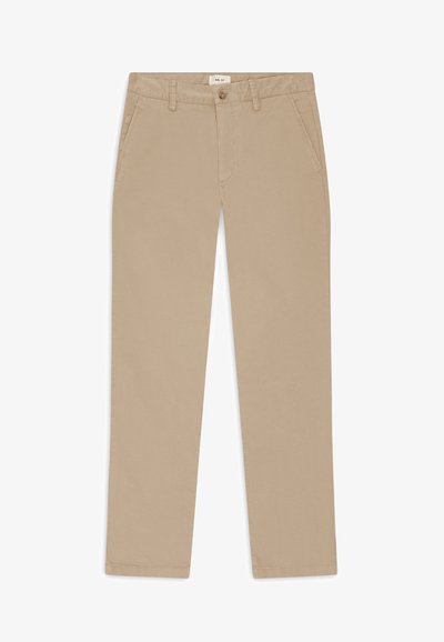 Beiga bomullschino-byxor med rak benstilk, två sidofickor och en bakficka. Slät textur och rena linjer.