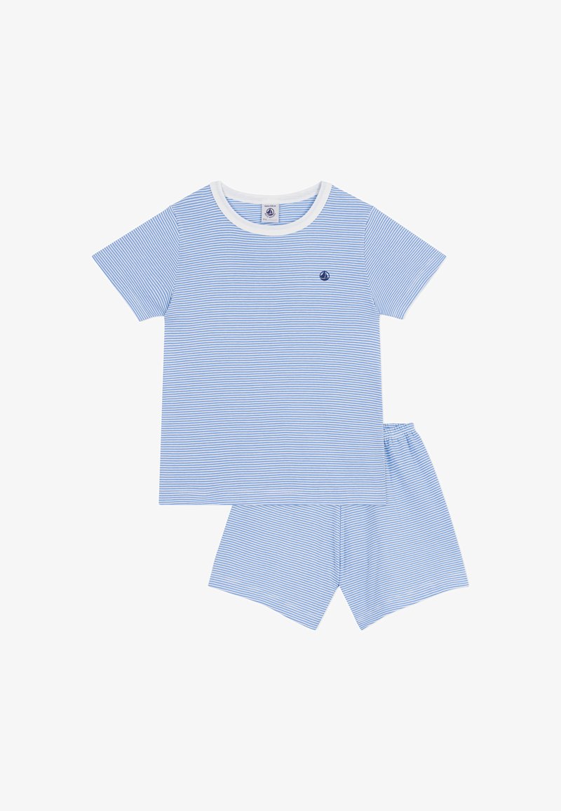 Ensemble de pyjama à manches courtes rayé bleu et blanc. T-shirt à col rond avec un petit logo ; short assorti avec une ceinture élastique.