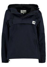 Navy blue pullover jacket with a hood, drawstrings, a front pocket, and a small logo patch. Made from a lightweight, water-resistant material.