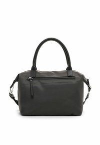 Sac à main synthétique noir avec deux poignées et une bandoulière amovible. Dispose d'une poche zippée à l'avant et d'une texture lisse et mate.
