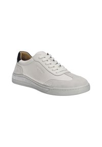 Weiße Leder-Sneakers mit glatter Oberfläche, Wildlederakzenten, runder Zehenpartie und schwarzem Fersenbereich. Mit gestickten Details und Schnürverschluss.