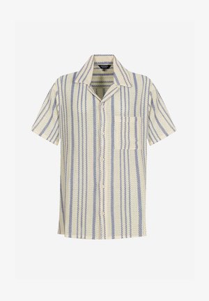 Kurzarmshirt in Creme mit blauen vertikalen Streifen, ausgestattet mit einer Brusttasche und einer Knopfleiste, aus strukturiertem Stoff gefertigt.