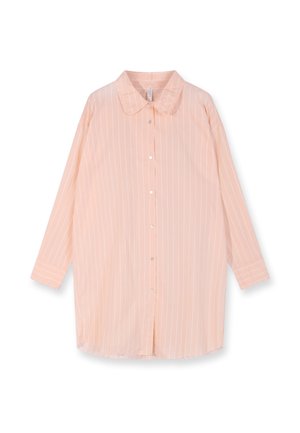 Camicia a maniche lunghe di un delicato color pesca con strisce bianche, chiusura a bottoni e colletto morbido. Presenta una vestibilità rilassata e un orlo leggermente curvo.
