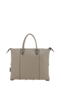 Borsa a spalla in pelle grigia con doppi manici superiori, chiusura a zip e cuciture in evidenza. Presenta hardware decorativo e superficie texturizzata.