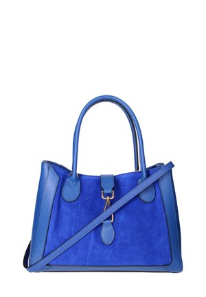 Blauwe handtas van suede en leer, met dubbele handvatten, een afneembare schouderband en accenten van goudkleurig metaal met een gestructureerd ontwerp.