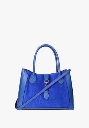 Blauwe handtas van suede en leer, met dubbele handvatten, een afneembare schouderband en accenten van goudkleurig metaal met een gestructureerd ontwerp.