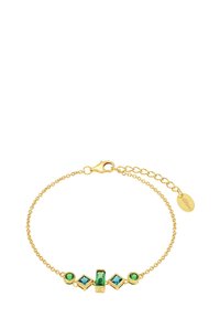Pulsera de tono dorado con un diseño de eslabones de cadena que presenta acentos de piedras preciosas verdes y azules en formas redondas y cuadradas. Incluye un cierre de langosta.
