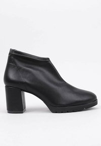 Black leather ankle boots with a rounded toe and block heel. Features a smooth texture and a slip-on design with minimal stitching details.