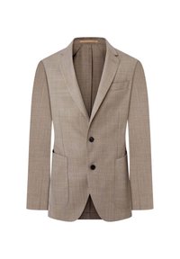 Blazer beige en tissu texturé, avec un col à revers, deux poches avant et deux boutons noirs. L'intérieur est doublé et uni.