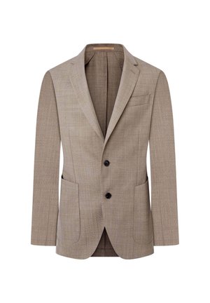 Beige blazer lavet af tekstureret stof, med en nedskåret revers, to forlommer og to sorte knapper. Indersiden er foret og ensfarvet.