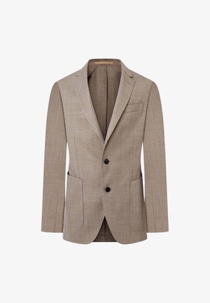 Beige blazer lavet af tekstureret stof, med en nedskåret revers, to forlommer og to sorte knapper. Indersiden er foret og ensfarvet.