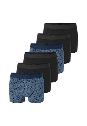 Zestaw sześciu męskich bokserek. Cztery czarne i dwie granatowe z geometrycznym wzorem. Wszystkie mają elastyczne paski w talii z brandingiem.