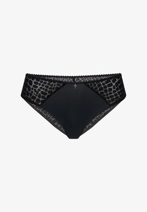 Black bikini with a textured mesh waistband featuring a subtle animal print and a decorative gold emblem at the center front.
