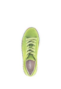 Grüne Wildledersneaker mit runder Zehenpartie und Schnürverschluss. Bunte gestreifte Sohle sorgt für Details. Das Innenfutter zeigt das Markenlogo.