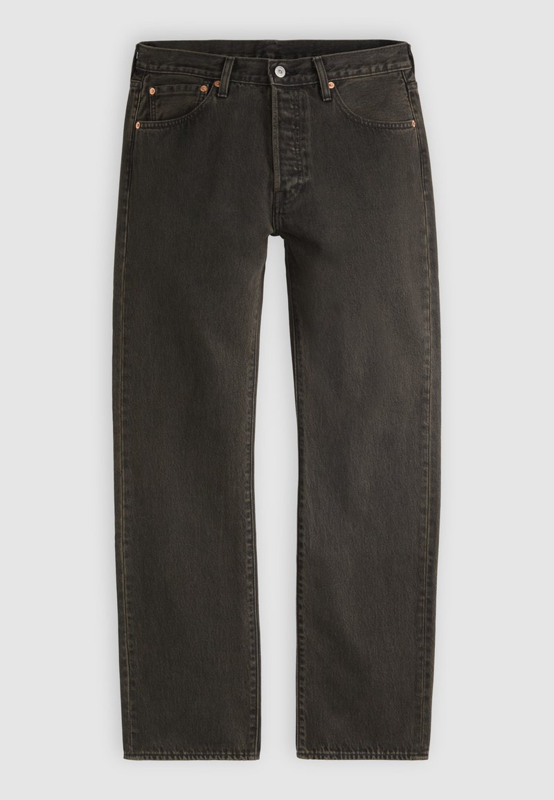 Sorte jeans med lige ben, forreste knap og lynlås, fem lommer og kobbernitter på en lysegrå baggrund.