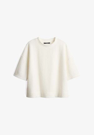 Witte, gestructureerde gebreide trui met korte mouwen en een ronde halslijn. Heeft een losse pasvorm en een ribbelpatroon over de gehele trui.