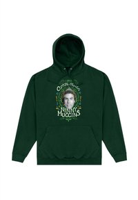 Felpa con cappuccio verde in cotone con grafica centrale e testo "I AM A COTTON-HEADED NINNY MUGGINS", circondato da elementi decorativi.