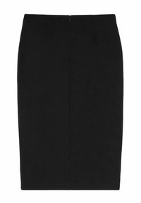 Crna olovka suknja s glatkom teksturom, s leđa zatvarač, suptilni nabori na struku i ravna silueta.