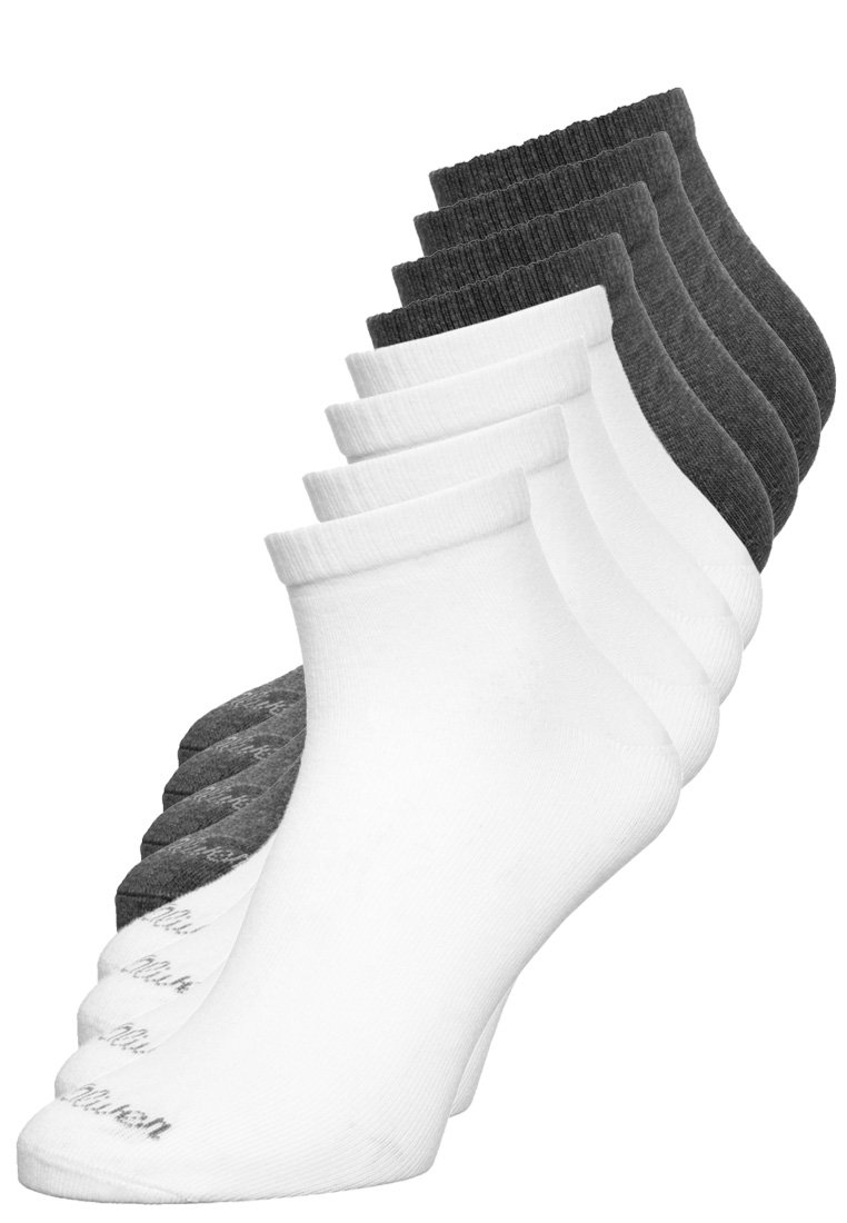Nine pairs of crew socks in white, gray, and dark gray. Cotton material with a ribbed cuff and reinforced toe. Each pair has a different shade.