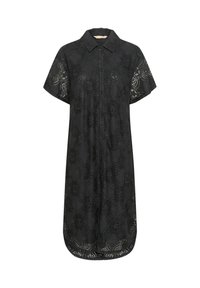 Black lace shirt dress with short sleeves, collar, front button closure, and floral pattern. Rounded hemline with a flowing silhouette.
