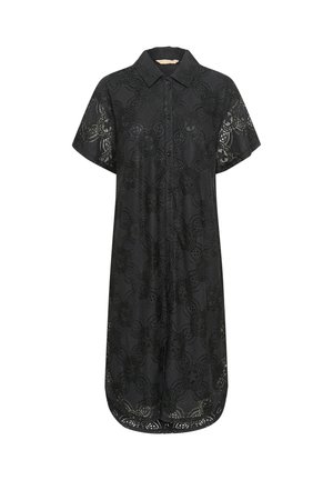 Čierne krajkové šaty s krátkymi rukávmi, golierom, predným zapínaním na gombíky a kvetinovým vzorom. Zaoblený lem a splývavý strih.
