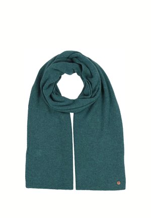 Sciarpa lavorata a maglia color petrolio piegata con un'asola nella parte superiore, con una piccola targhetta rotonda nell'angolo in basso a destra.