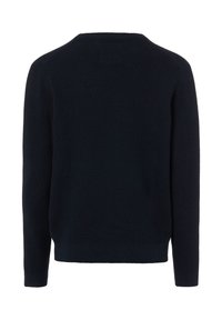 Marineblauer Pullover mit strukturiertem Strickmuster, rundem Ausschnitt, langen Ärmeln sowie gerippten Bündchen an Ärmeln und Saum. Rückansicht zeigt.