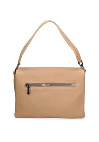 Borsa a tracolla in pelle beige con texture liscia, forma rettangolare, tracolla regolabile e tasca frontale con zip.
