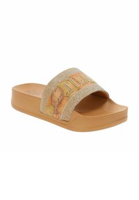 Infradito con suola in gomma color marrone, una fascia dorata scintillante e un design colorato sulla cinghia che presenta una mappa e del testo stampato.