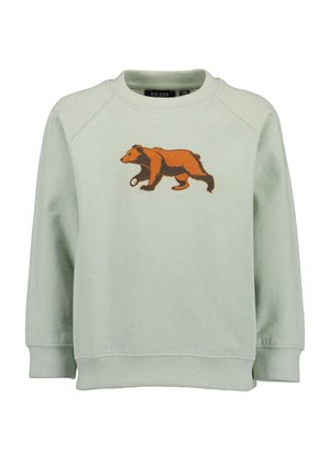 Lysegrå sweatshirt med lange ærmer og et motiv af en vandrende brun bjørn, der holder en lille genstand på forsiden.