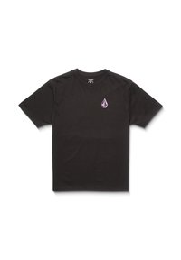 Zwarte korte mouwen T-shirt van katoen, met een klein paars embleem op de linkerborst, ronde halslijn en normale pasvorm.
