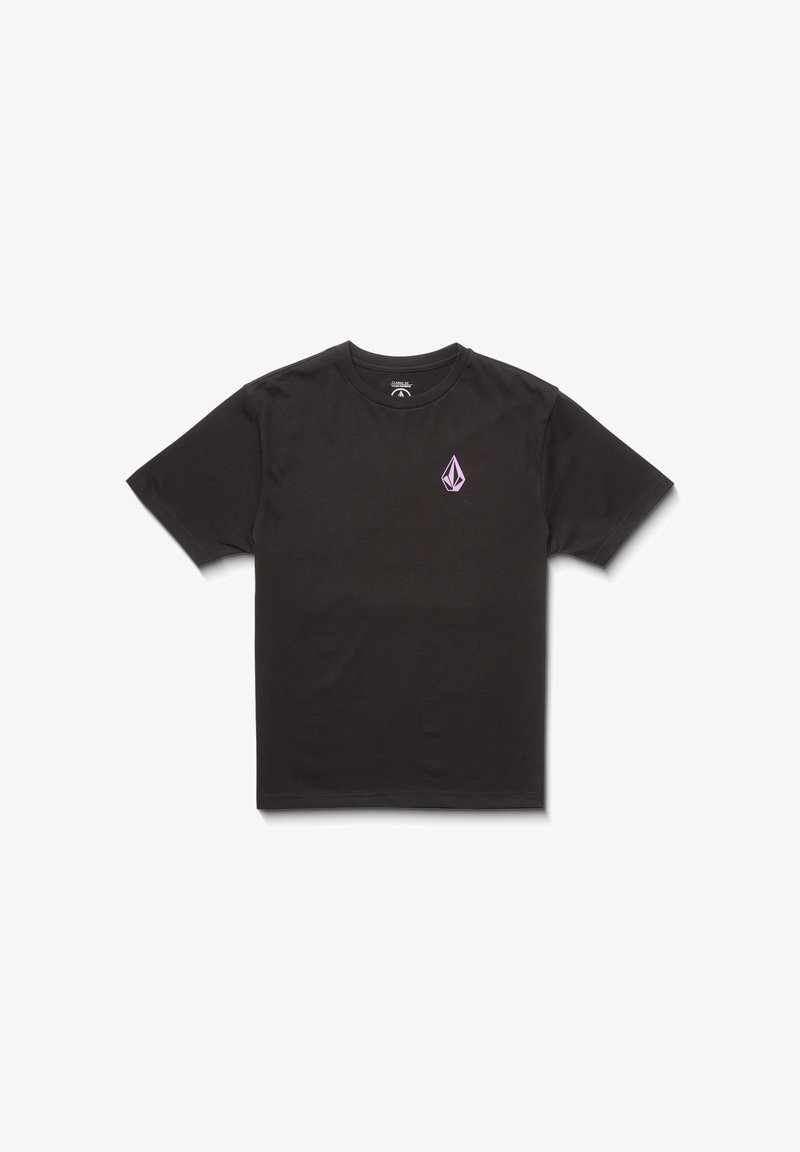 Schwarzes T-Shirt mit kurzen Ärmeln aus Baumwolle, mit einem kleinen lila Emblem auf der linken Brust, Rundhalsausschnitt und normalem Schnitt.