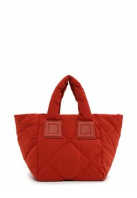 Quilted red nylon tote bag with two short handles and square leather accents. Features a triangular shape and diamond pattern.