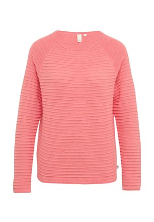 Różowy sweter z prążkowanej tkaniny z długimi rękawami, okrągłym dekoltem i teksturowanym materiałem. Posiada prosty dół i małą metkę z logo z boku.