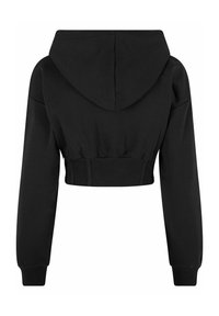 Avkortad svart hoodie med huva, ribbad nederkant och långa ärmar. Tillverkad av mjukt material och med en enkel design utan dekorationer.