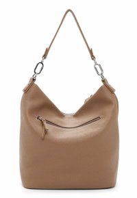 Sac hobo en simili cuir taupe texturé. Présente une forme courbée, une fermeture zippée en haut et une poche zippée à l'avant avec un tire-zip décoratif.