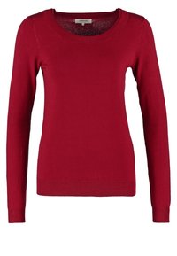 Pull en maille rouge à manches longues avec col rond et poignets et ourlet côtelés, taille petite.
